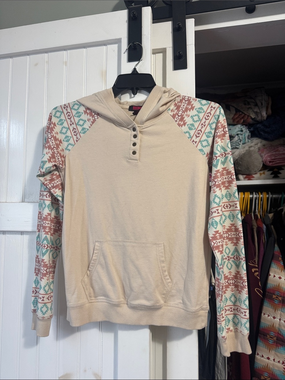 Rock & Roll Cowgirl Beige Hooded Pullover with Aztec Print Sleeves
